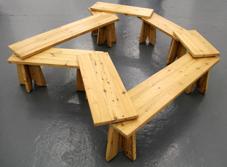 Click the image for a view of: Marcus Neustetter. No Man's Land. 2013. Adjustable ash wood bench. Dimensions variable